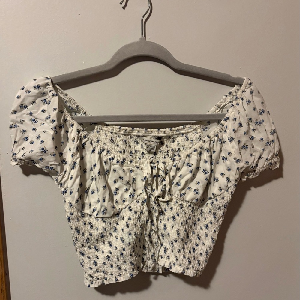 American Eagle Floral Smocked Puff Sleeve Crop Top XS
